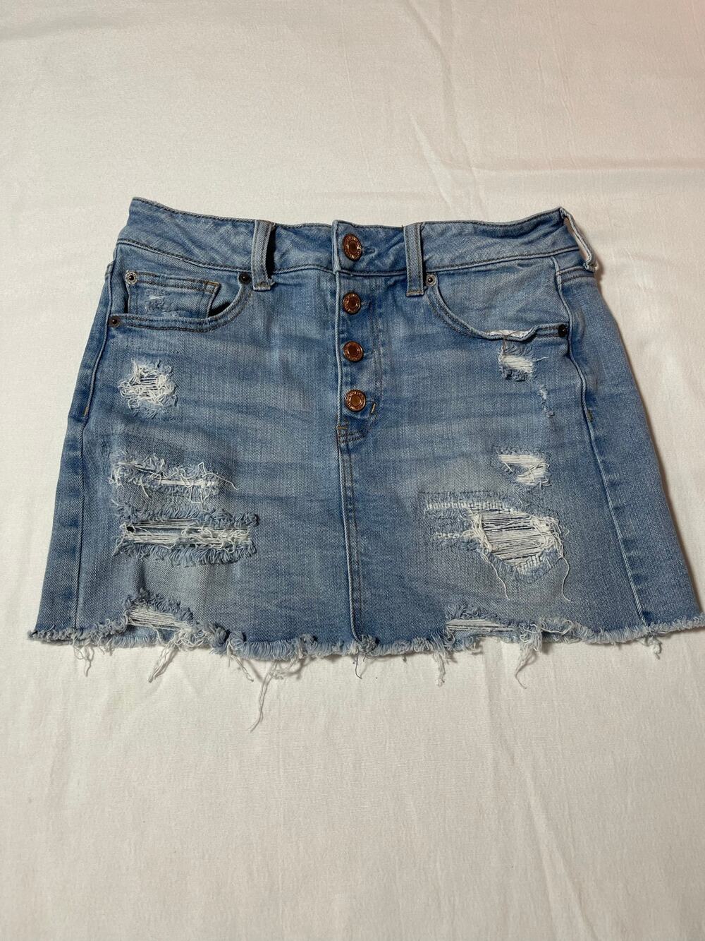 American Eagle Super Stretch X Denim Mini Skirt Size 8 Distressed Button Fly